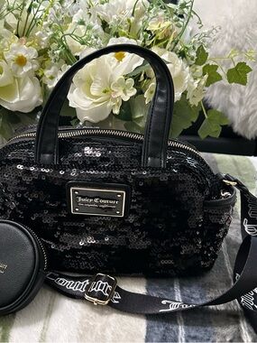 NWOT Juicy Couture Black Sequin Dome Satchel with Crossbody Strap & Coin Pouch